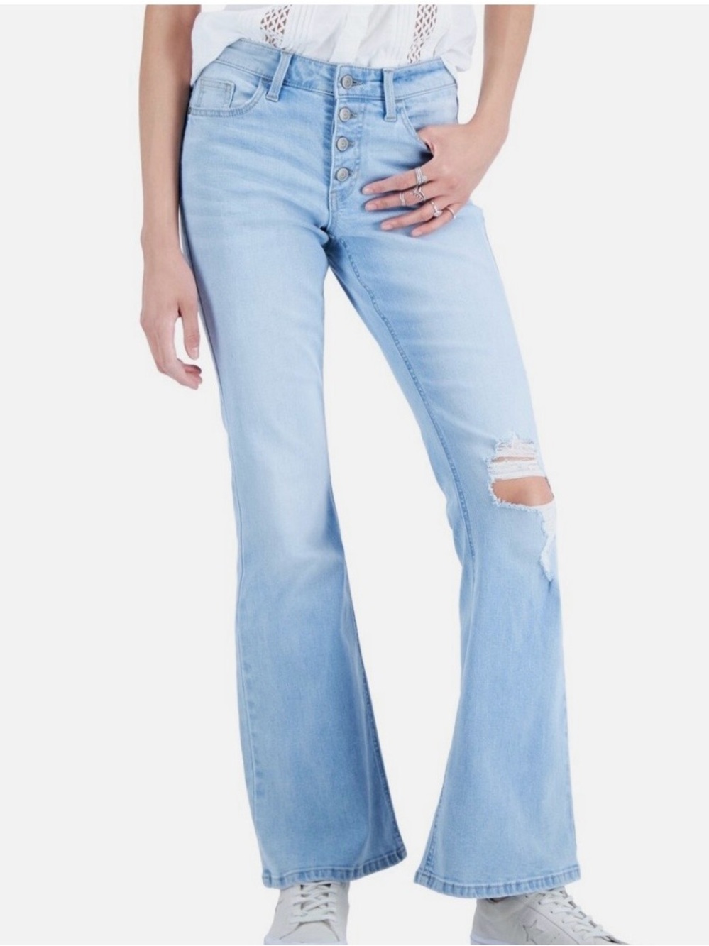 Celebrity Pink Light Blue High-Rise Flare Jeans with Distressed Knee
